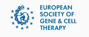 Logo for the European Society of Gene & Cell Therapy, featuring an illustration of a figure surrounded by a double helix surrounded by stars.