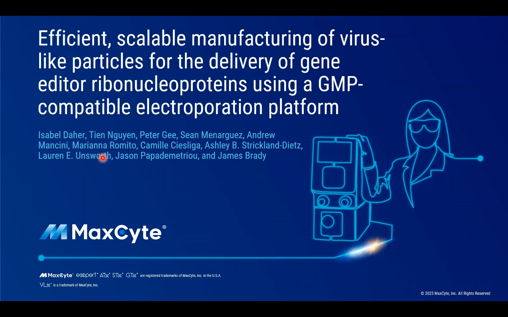 Cover slide of presentation of 2024 European Society of Gene and Cell Therapy Congress - Efficient, scalable manufacturing of virus-like particles for the delivery of gene editor ribonucleoproteins using a cGMP-compliant electroporation platform