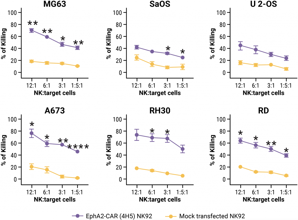 Six scatter graphs showing percentage of killing over NK: target cells.