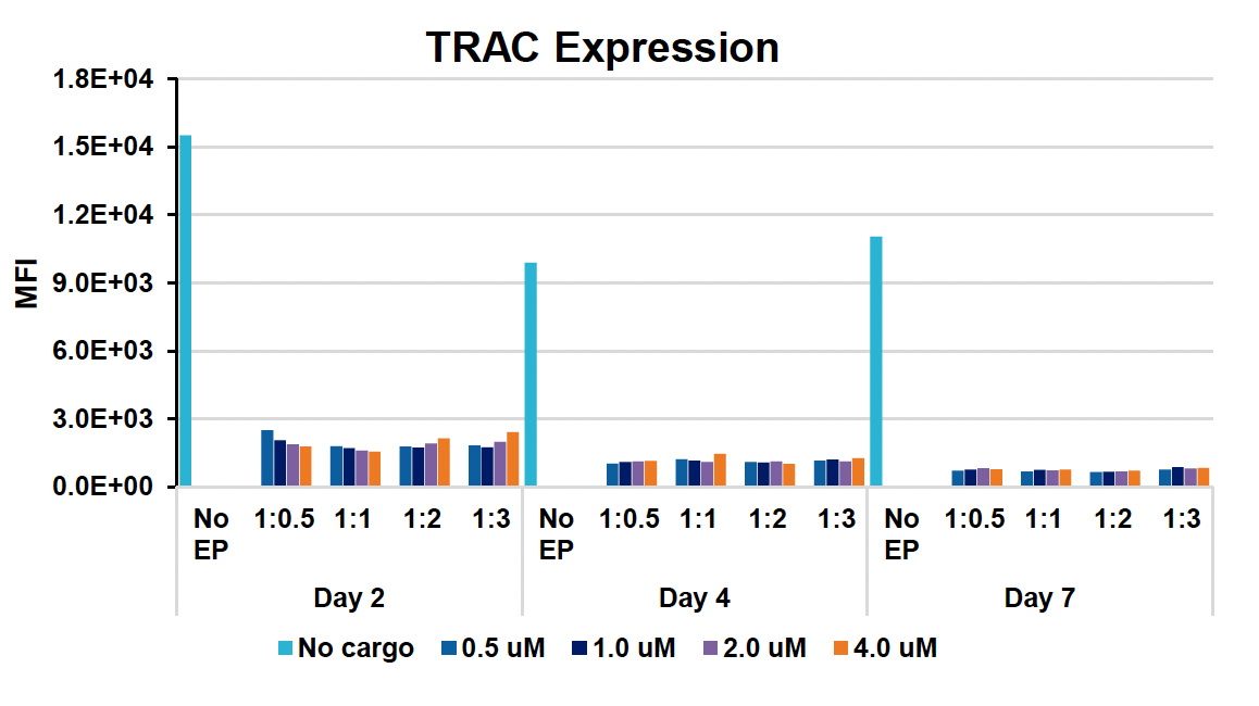 Bar graph shows TRAC expression, measured by MFI, ​tends to decrease over time, with varying effects of cargo concentration compared to the ​control condition (no EP) at each time point.